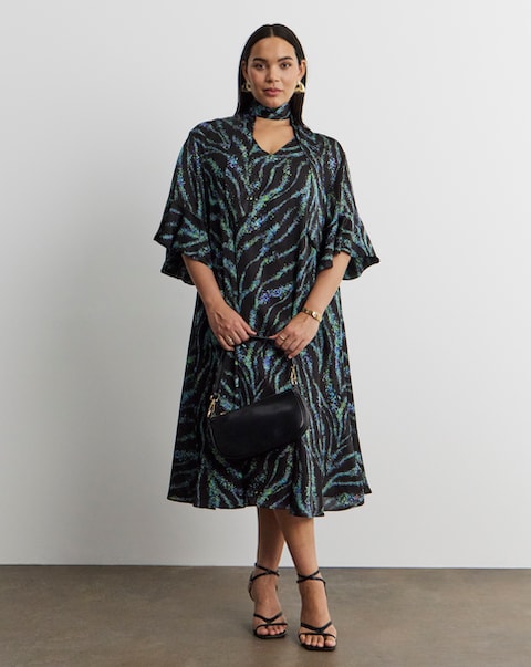 Joanna Hope Tie Neck Swing Midi Dress