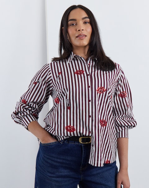 New In - Simply Be Burgundy Stripe Shirt
