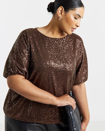 Simply Be Chocolate Sequin Bubble Hem Puff Sleeve Top
