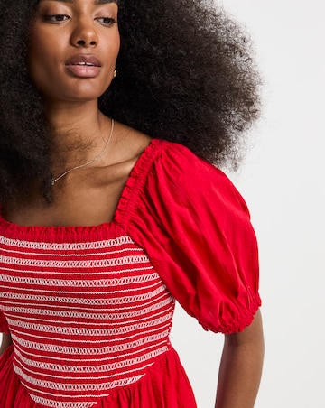 Red Shirred Dress