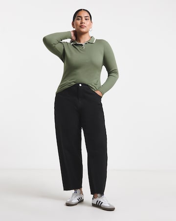 Simply Be Khaki Long Sleeve Ribbed Polo Neck With Contrast Tipping