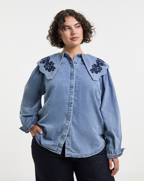 Simply Be Mid Wash Puff Sleeve Denim Blouse with Embroidered Collar