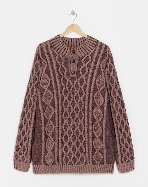 Joe Browns Button Neck Cable Knit Jumper - Chocolate