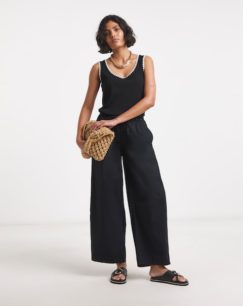 Tie Waist Cotton Poplin Barrel Leg Trousers - Black