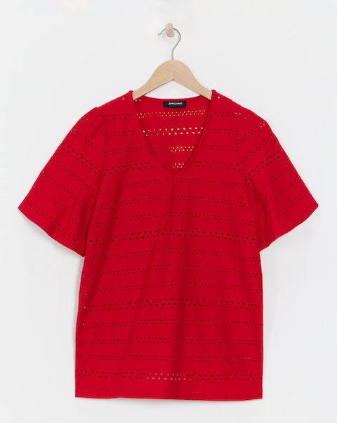Pure Cotton Red Broderie V-Neck Angel Sleeve Top