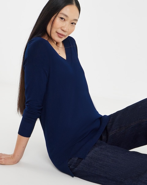 Fine Knit Navy V Neck Slouchy Tunic