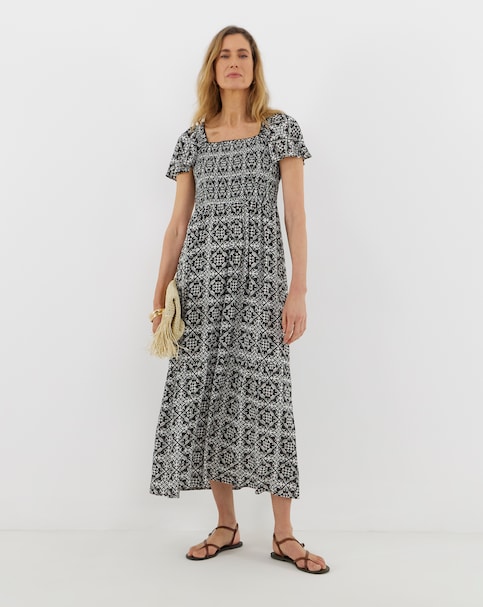 Crinkle Shirred Flutter Sleeve Maxi Dress