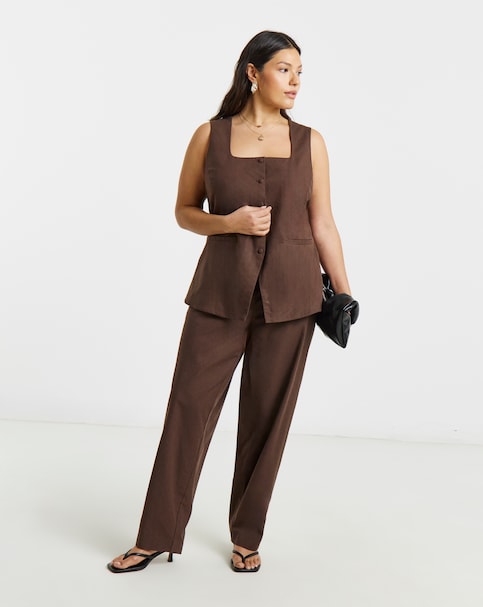 Simply Be Chocolate Linen Barrel Leg Trousers
