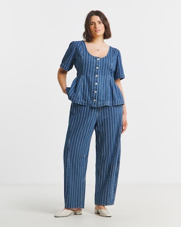 Dark Blue Jacquard Stripe Denim Peplum Top Co Ord