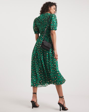 Whistles Painted Leopard Shirred Bodice Midi Dress