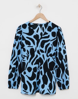 Blue Print Mock Button Blouse