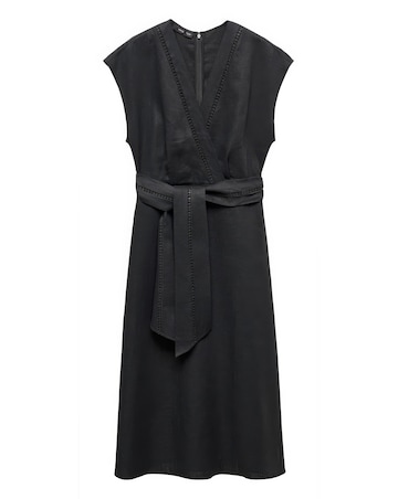 Mango Pure Linen Bow Tie V Neck Midi Dress