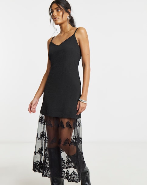 Simply Be Black Lace Hem Overlay Slip Dress