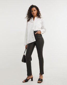 Black Coated Splitfront Hem Slim Jeans