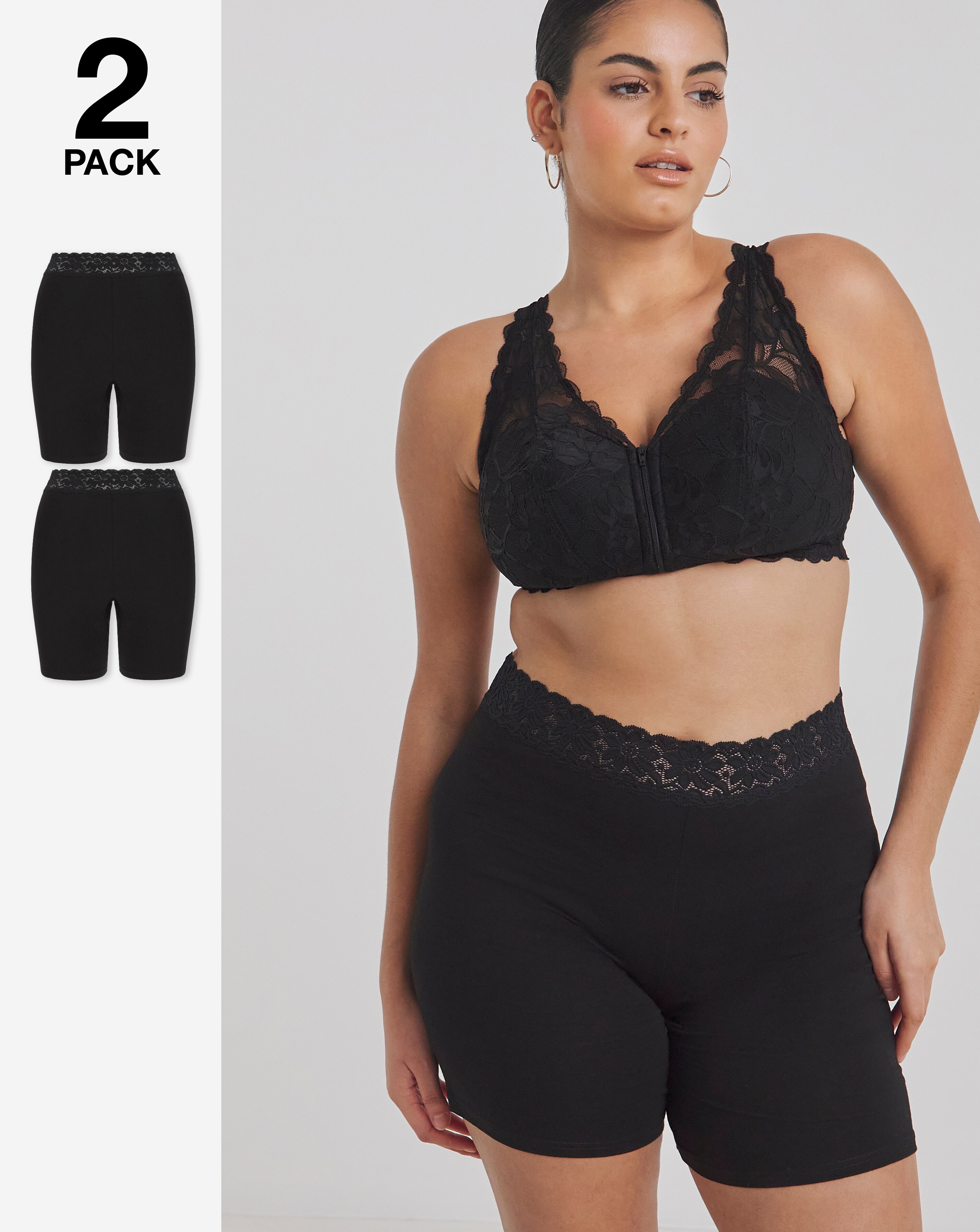 Pretty Secrets (2 Pack) Cotton Comfort Lace Trim Shorts Black/Black