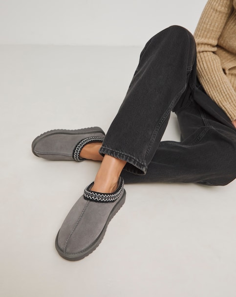 Reese Suede Embroidery Mule Snug Slipper - Wide Fit (E)