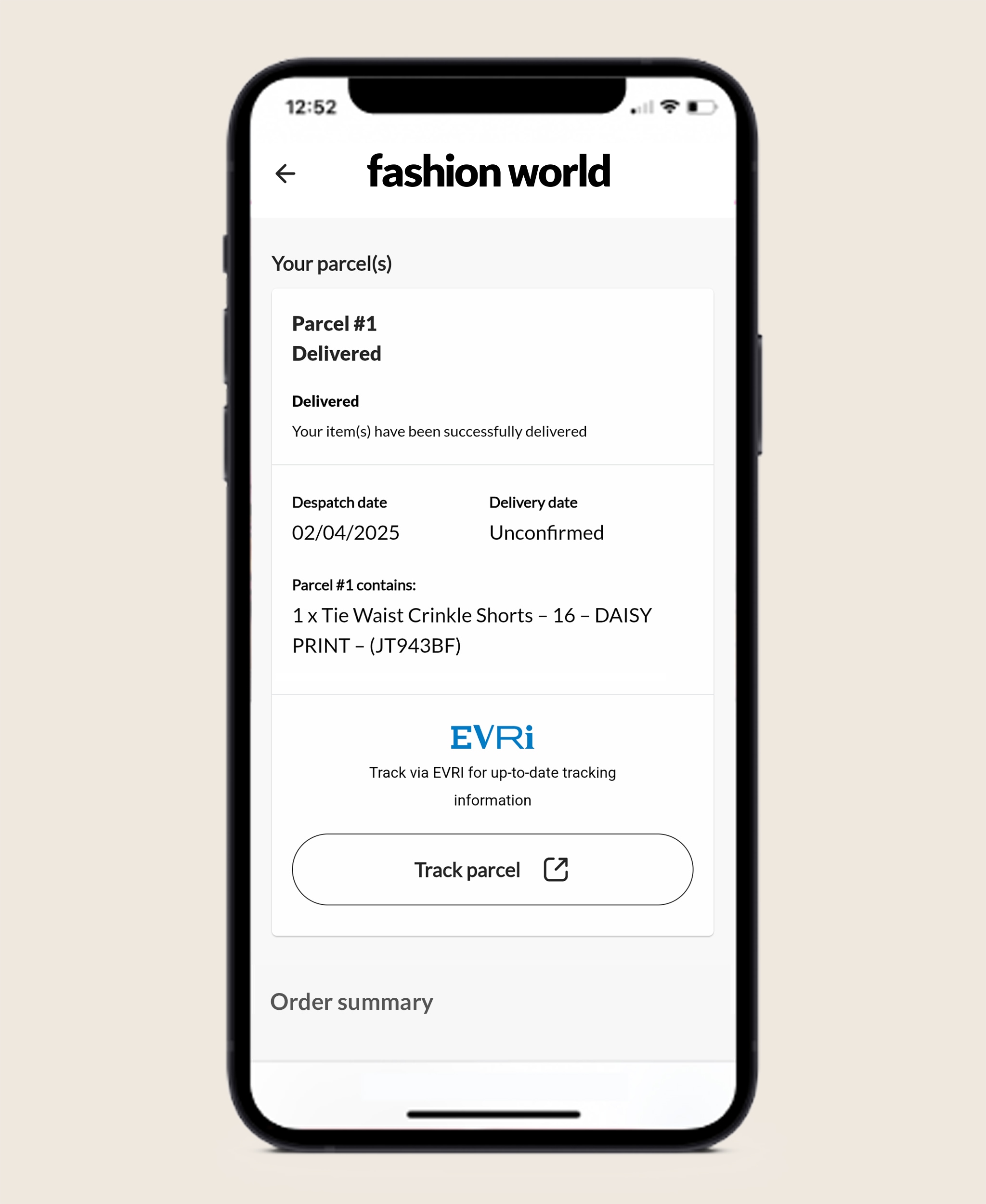 App screenshot showing order tracking information