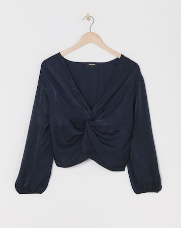 Simply Be Navy Knot Front Velvet Satin Long Sleeve Blouse