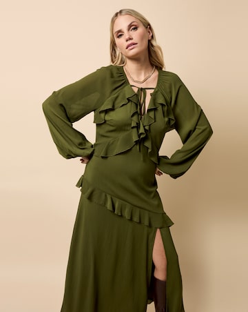 Little Mistress Khaki Chiffon Ruffle Maxi Dress