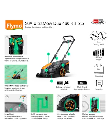 Flymo 36V UltraMow Duo 460 Cordless Lawnmower 2.5Ah Battery & Charger