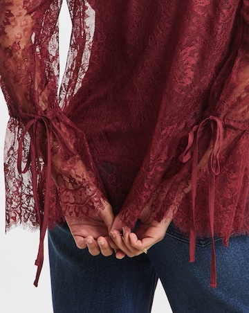 Burgundy Eyelash Lace Top With Sleeve Detail