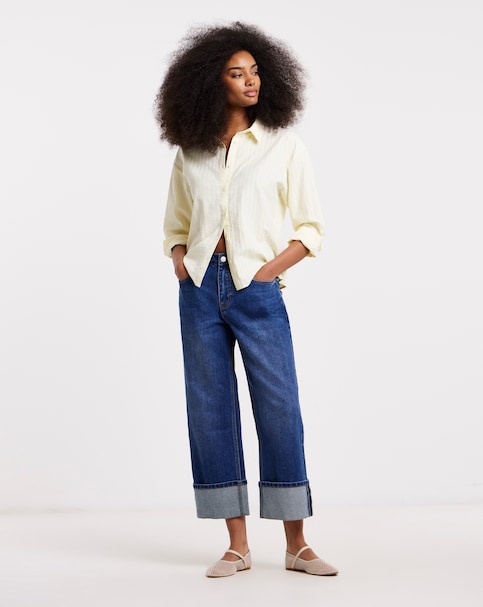 Blue Cropped Straight Leg Turn Up Jeans