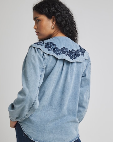Mid Wash Puff Sleeve Denim Blouse with Embroidered Collar