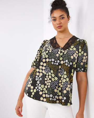 Mix Floral Lace Insert V-Neck Button Through Short Sleeve Blouse