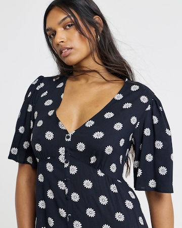 Black Ditsy Print Spun Viscose Button Up Midi Dress