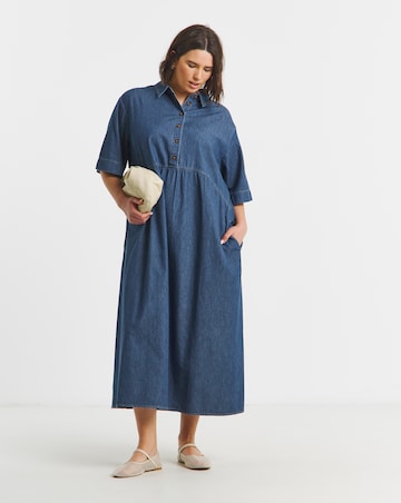 Mid Blue Collared Denim Midaxi Dress