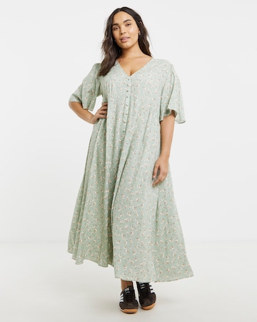 Sage Ditsy Print Spun Viscose Button Up Midi Dress
