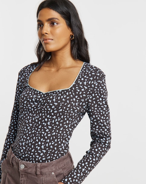 Simply Be Blue Ditsy Print Square Neck Long Sleeve Ribbed Top