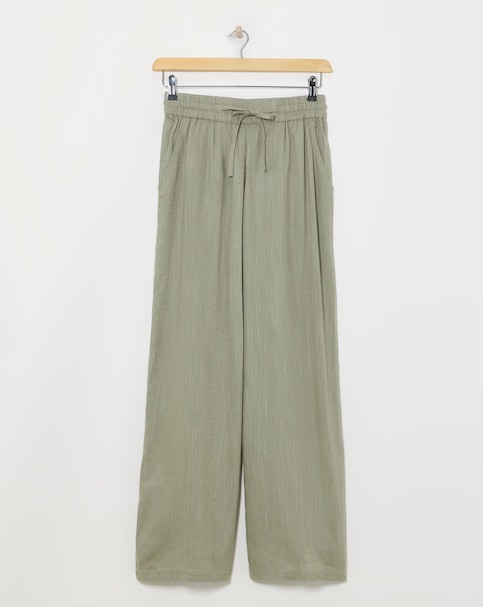 Khaki Linen Mix Wide Leg Trousers