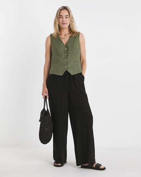 Black Linen Mix Wide Leg Trouser