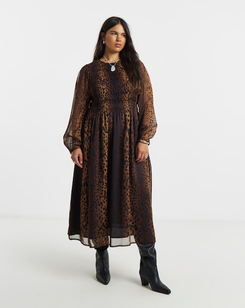 Leopard Shirred Midi Dress