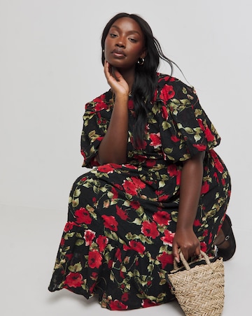 Lovedrobe Textured Floral Pleated Sleeve Midi Dress