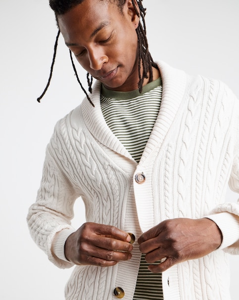 Ecru Cable Knit Shawl Neck Cardigan