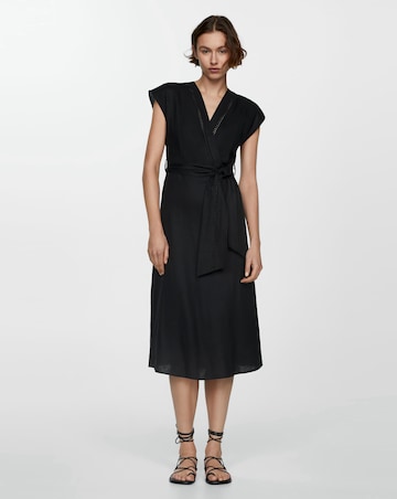 Mango Pure Linen Bow Tie V Neck Midi Dress