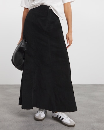 Black Cord Fit and Flare Denim Maxi Skirt