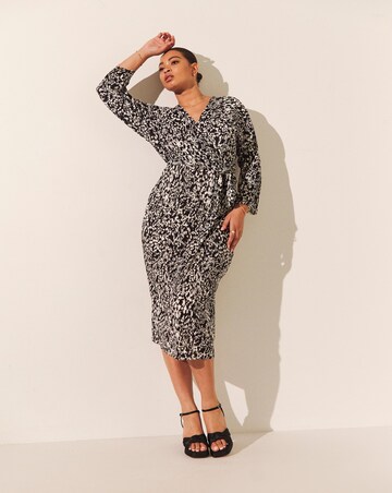 Mono Print Plisse Wrap Front Midi Dress