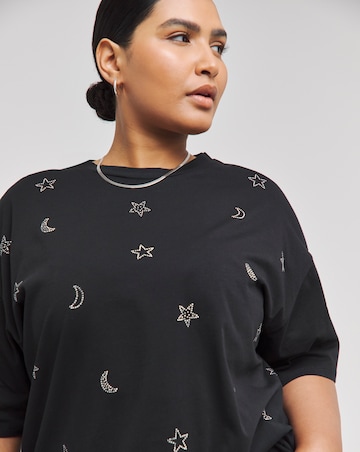 Black Star & Moon Print Diamante T-Shirt