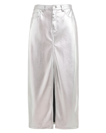 Silver PU Front Split Midaxi Skirt