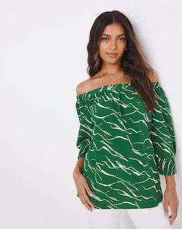 Green Print Three Quarter Sleeve Bardot Top