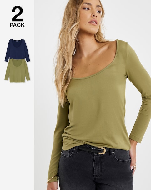 Navy & Khaki 2 Pack Scoop Neck Tops