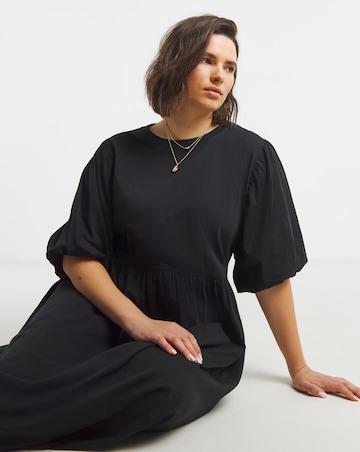 Puff Sleeve Jersey Smock Pocket Midi