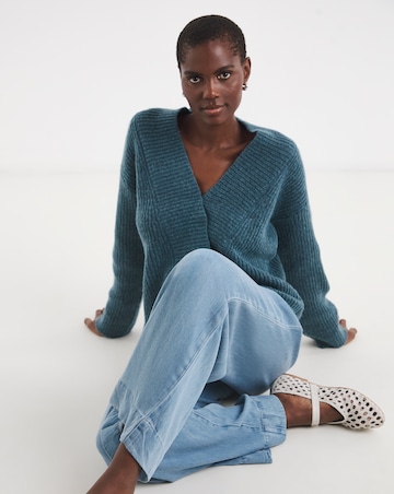 Blue Deep V Neck Knitted Jumper
