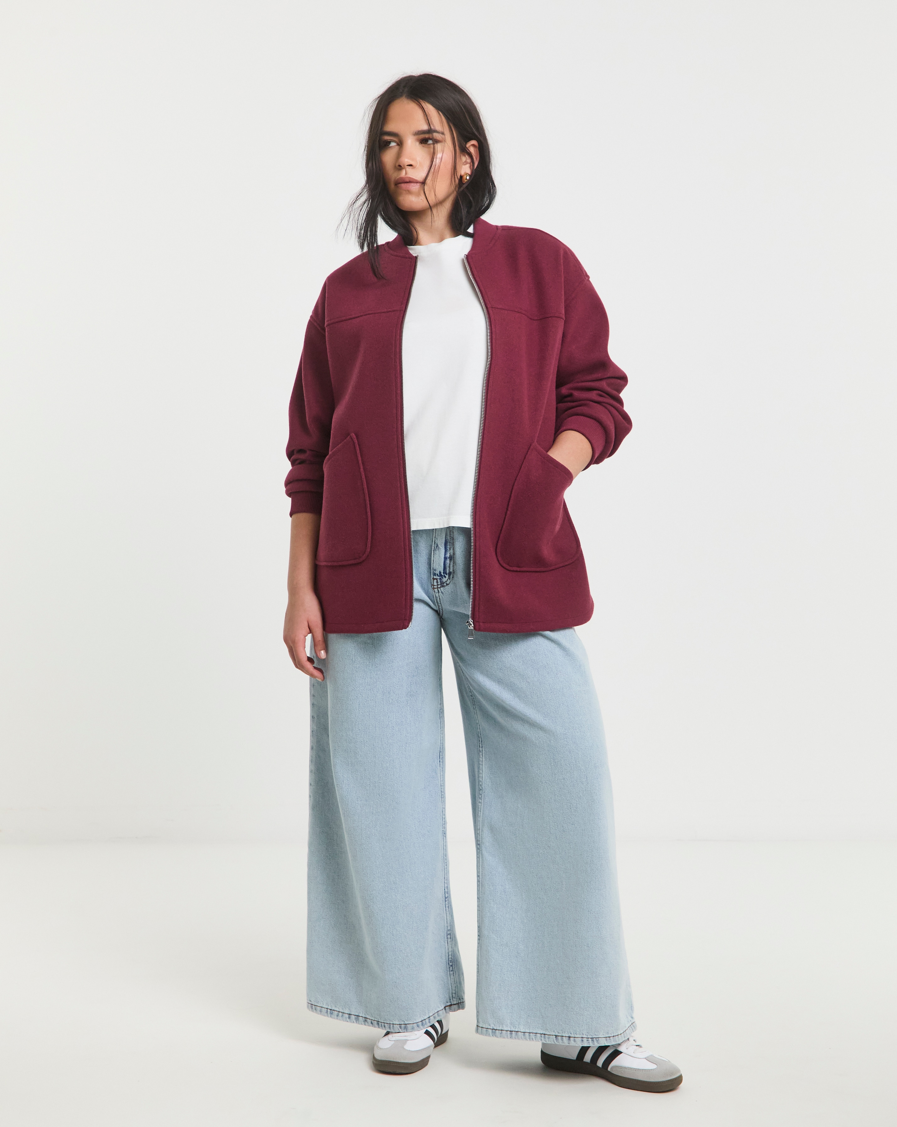 Simply Be Burgundy Soft Zip Through Bomber Jacket | Fashion World