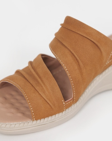 Cushion Walk Tan Ruched Wedge Mules - Wide Fit (E)