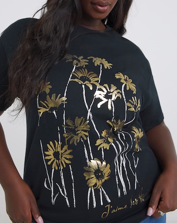 Black Floral Foil Print Graphic T-Shirt