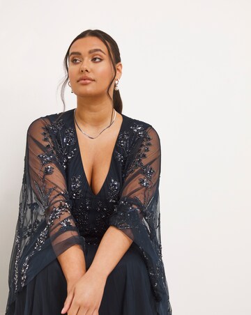 Maya Curve Cape Sleeve Floral Sequin Embroidered Tulle Maxi Dress
